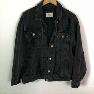 FOREVER 21 Women Large Black/Gray Distressed Trucker Denim Jacket